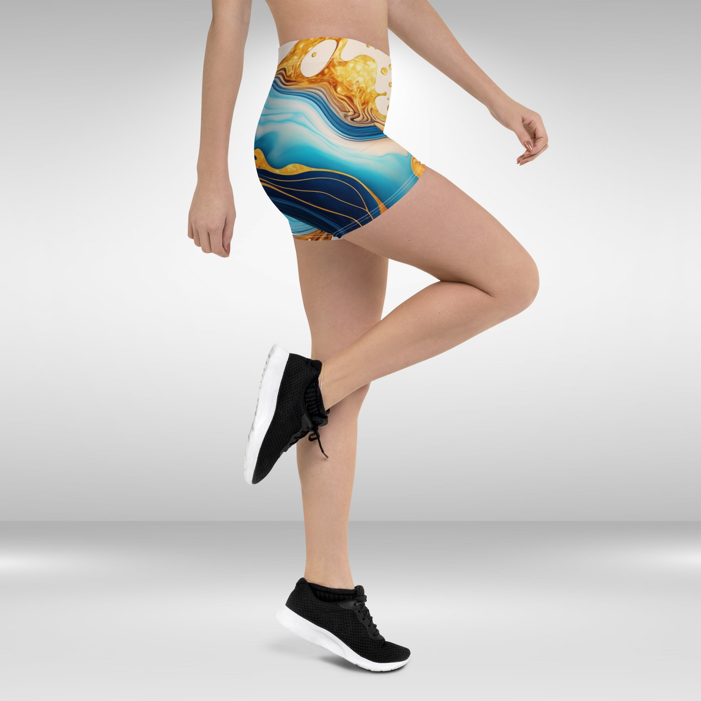 Women Mid Waist Shorts - Blue and Gold Abstract Print