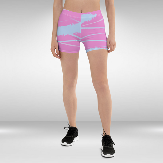 Women Mid Waist Shorts - Pink Blue Abstract Print