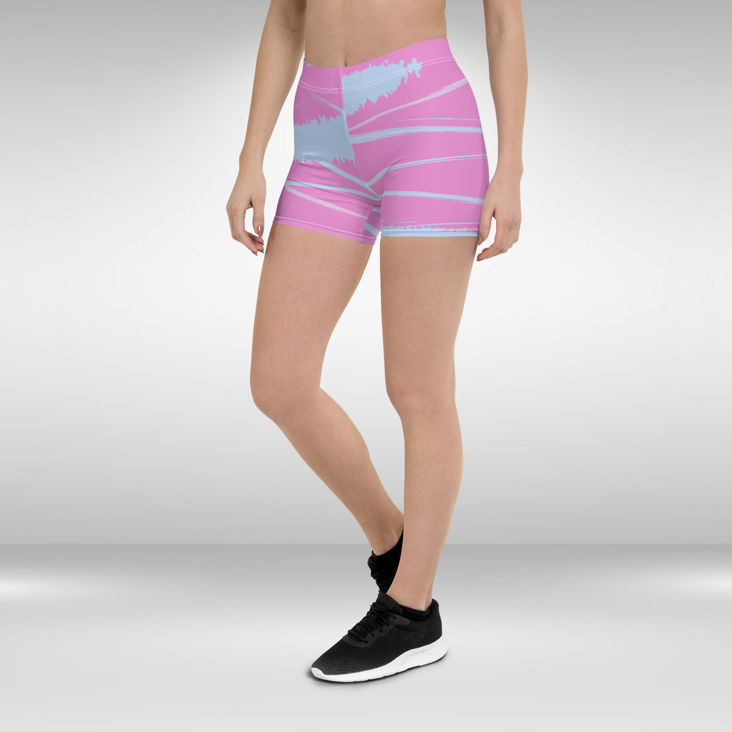 Women Mid Waist Shorts - Pink Blue Abstract Print