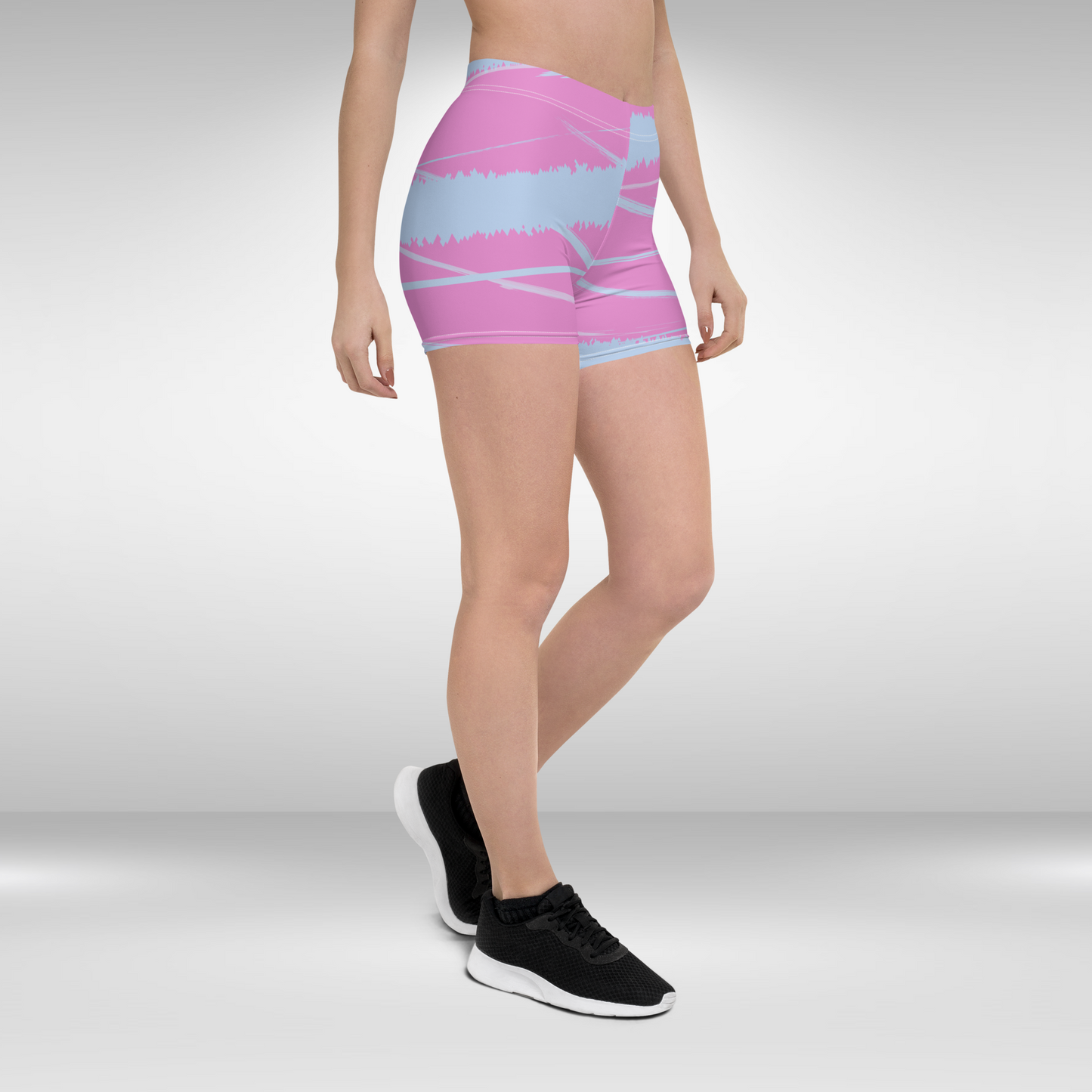 Women Mid Waist Shorts - Pink Blue Abstract Print