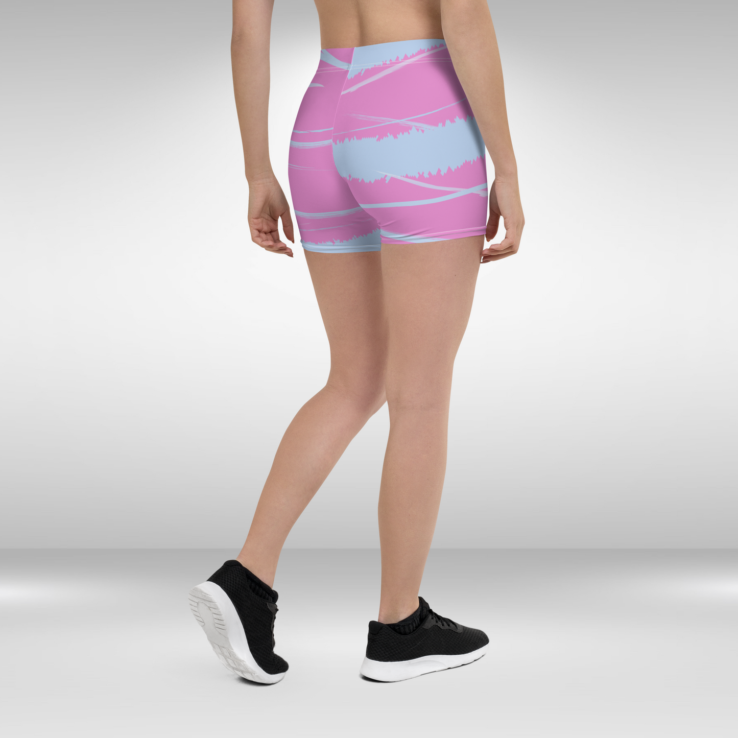 Women Mid Waist Shorts - Pink Blue Abstract Print
