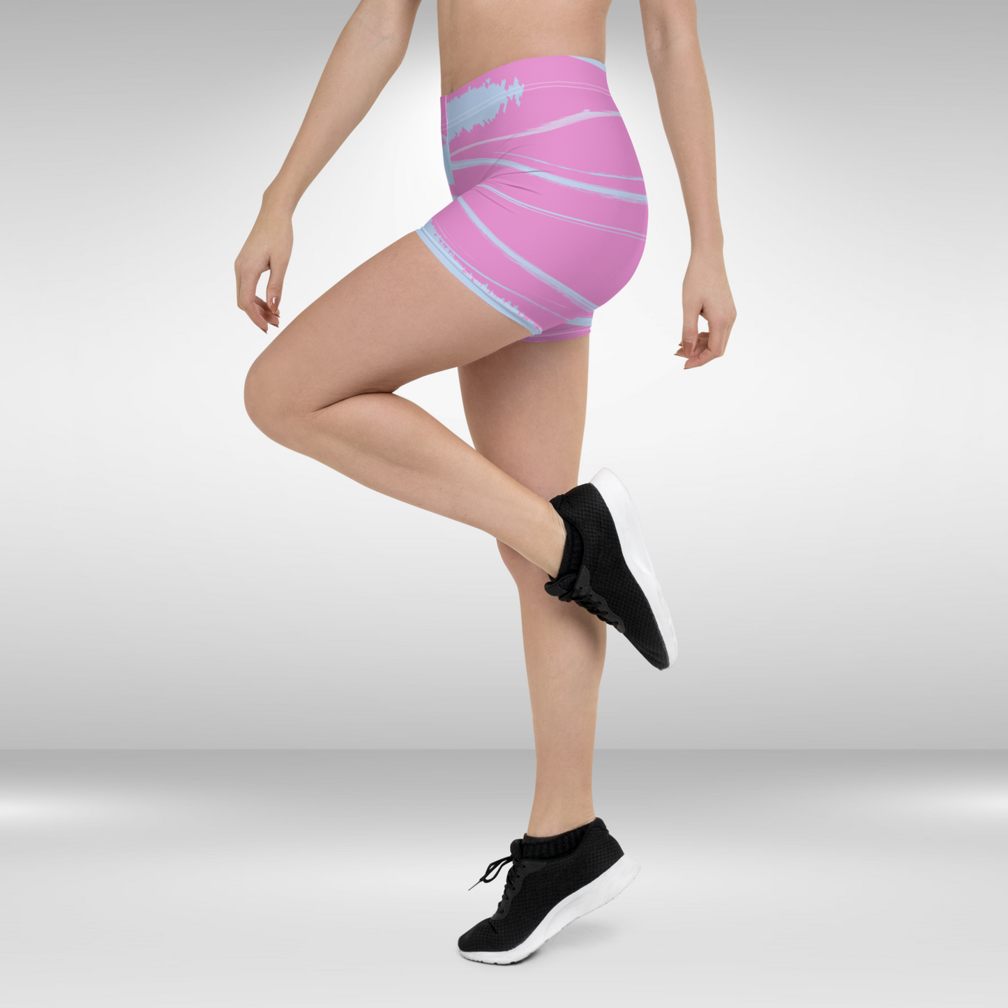 Women Mid Waist Shorts - Pink Blue Abstract Print