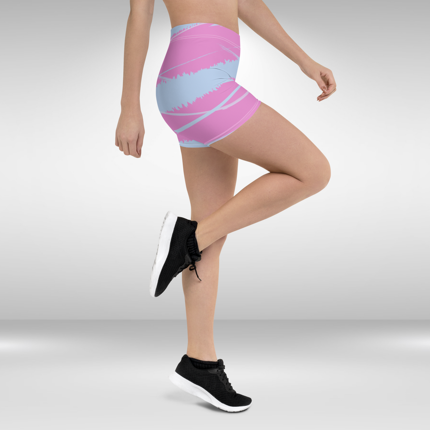 Women Mid Waist Shorts - Pink Blue Abstract Print