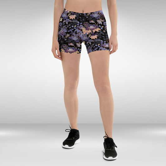 Women Mid Waist Shorts - Purple Floral Print