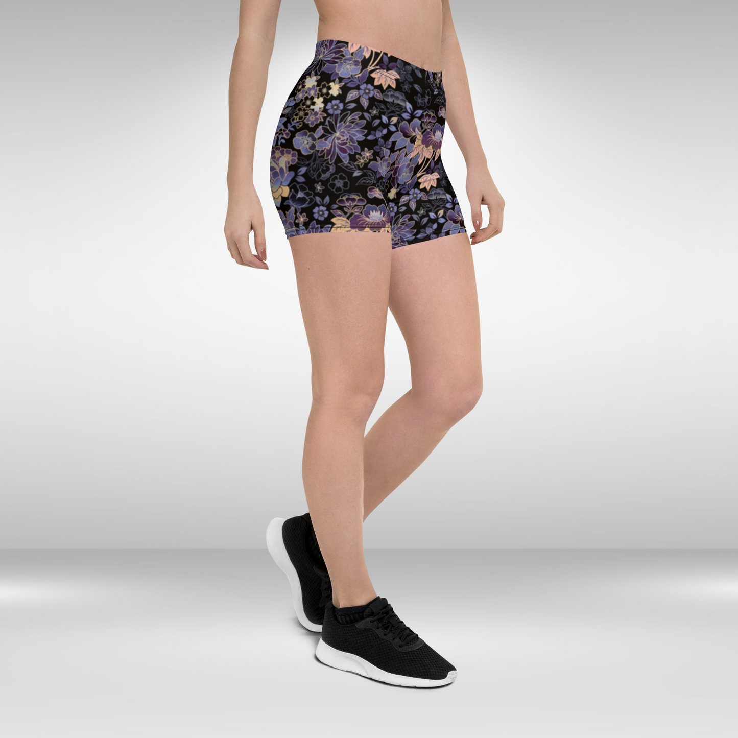 Women Mid Waist Shorts - Purple Floral Print