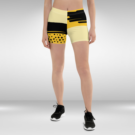 Women Mid Waist Shorts - Yellow Black Abstract Print