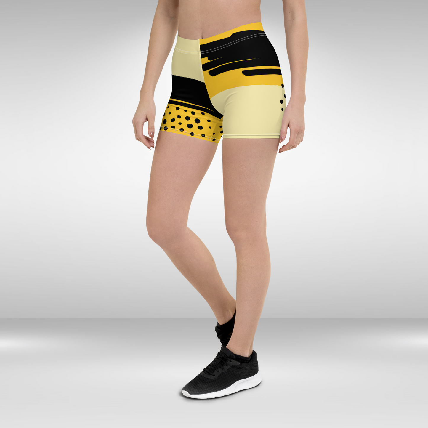 Women Mid Waist Shorts - Yellow Black Abstract Print