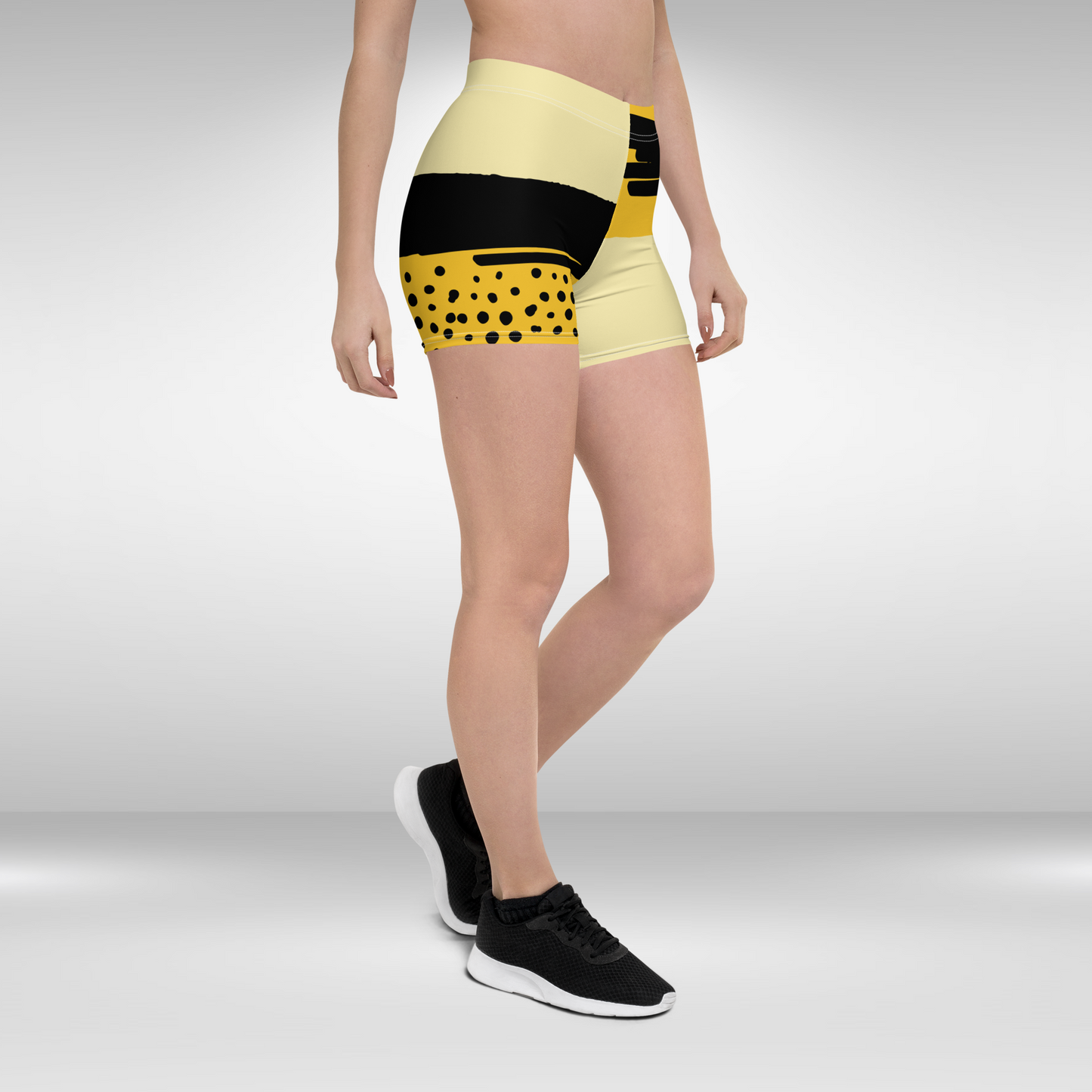 Women Mid Waist Shorts - Yellow Black Abstract Print
