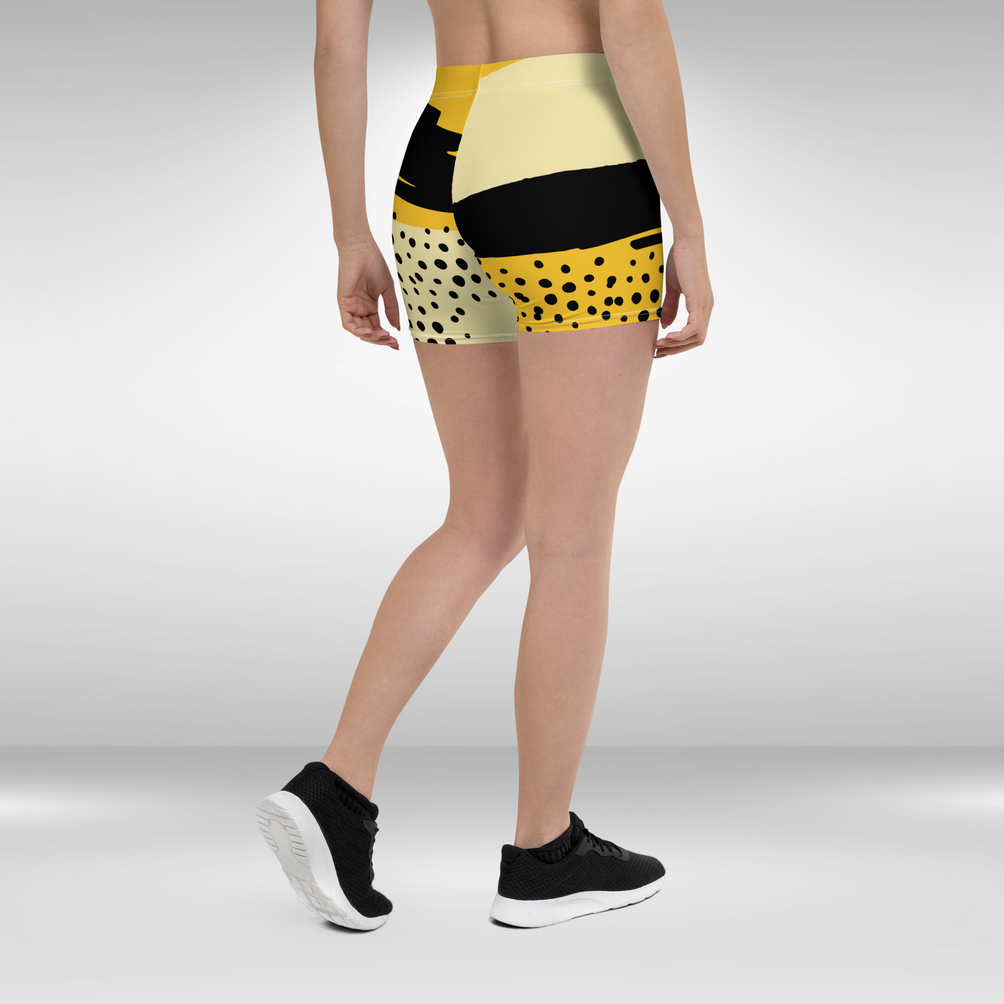 Women Mid Waist Shorts - Yellow Black Abstract Print