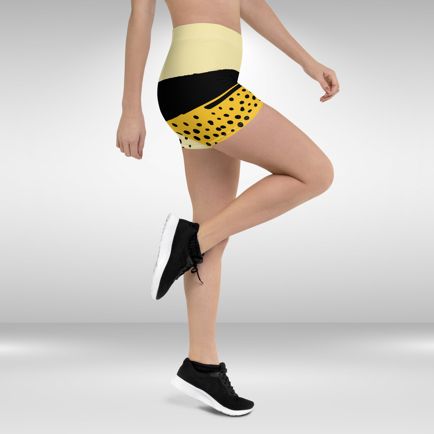 Women Mid Waist Shorts - Yellow Black Abstract Print