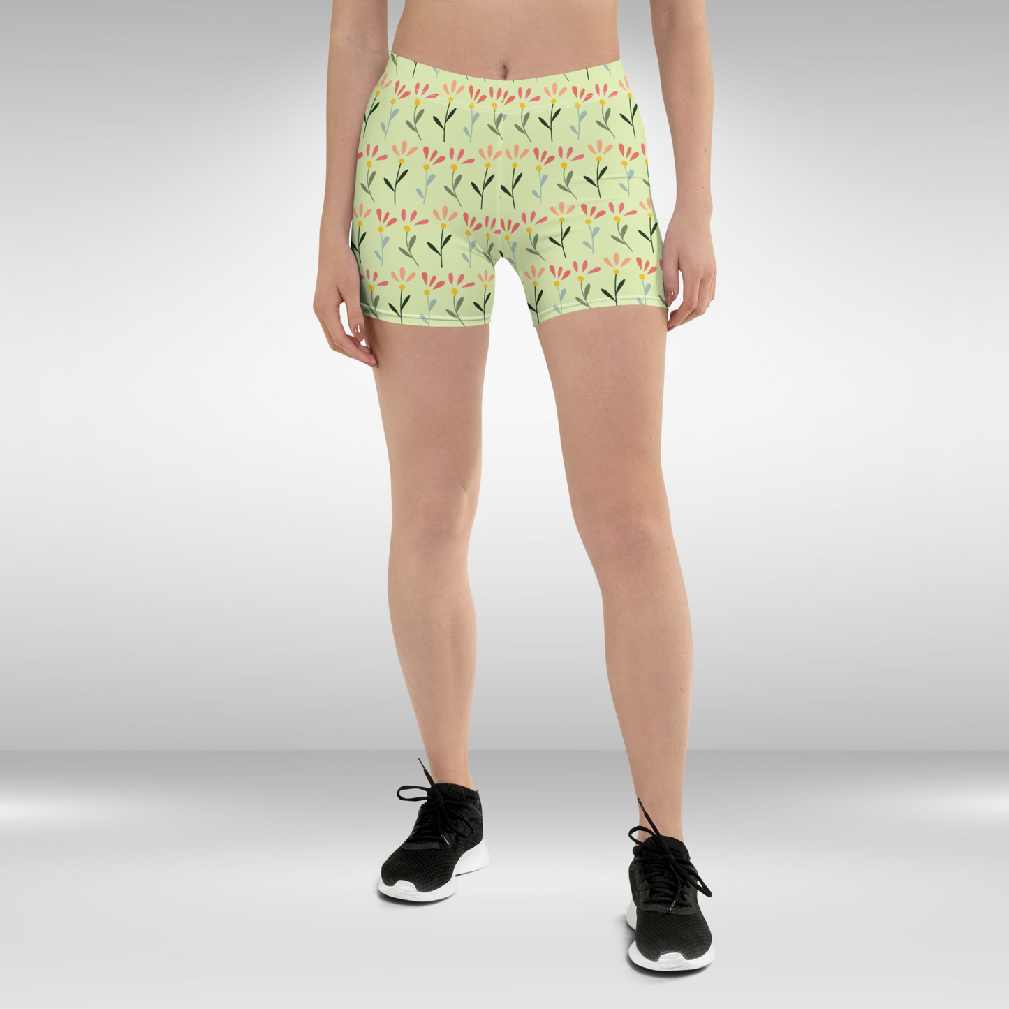 Women Mid Waist Shorts - Yellow Floral Print