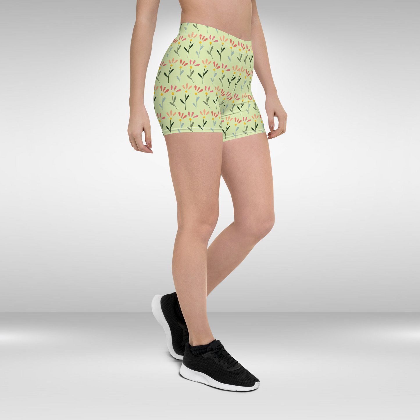 Women Mid Waist Shorts - Yellow Floral Print