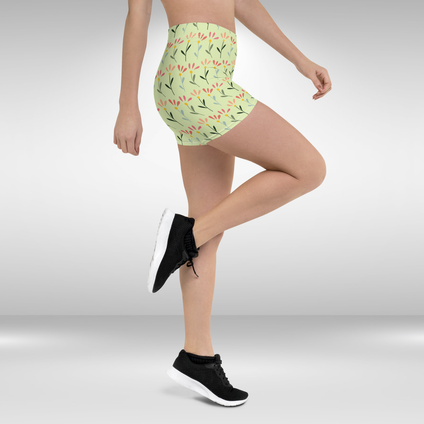 Women Mid Waist Shorts - Yellow Floral Print