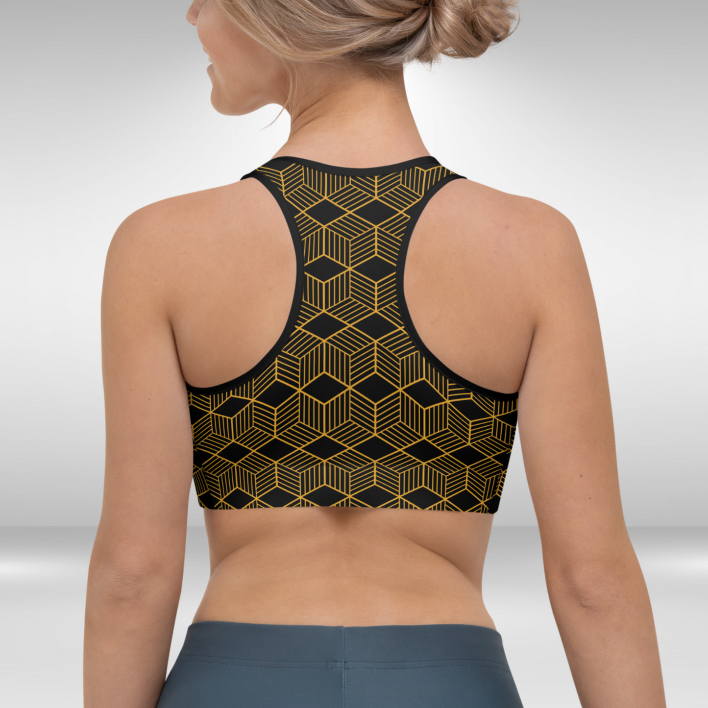 Women Sports Bra - Black and Gold Geometric Print