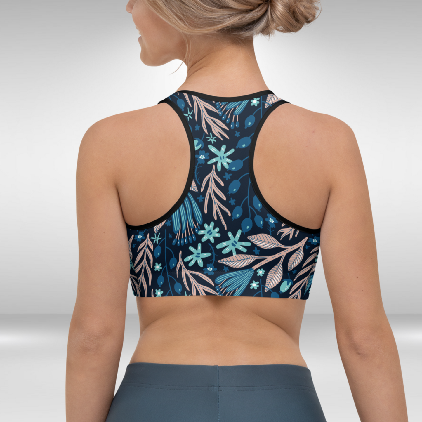 Women Sports Bra - Blue Night Tropical Print