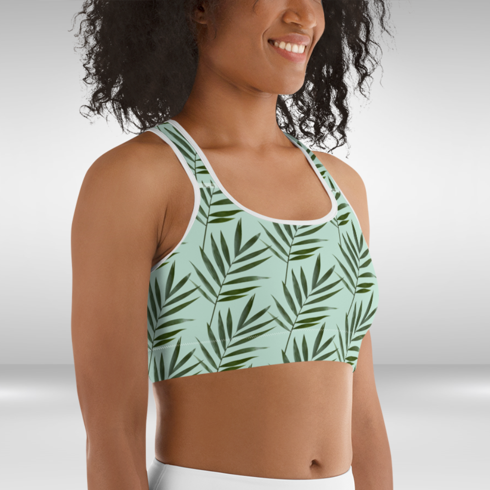 Women Sports bra - Light Green Palm Print