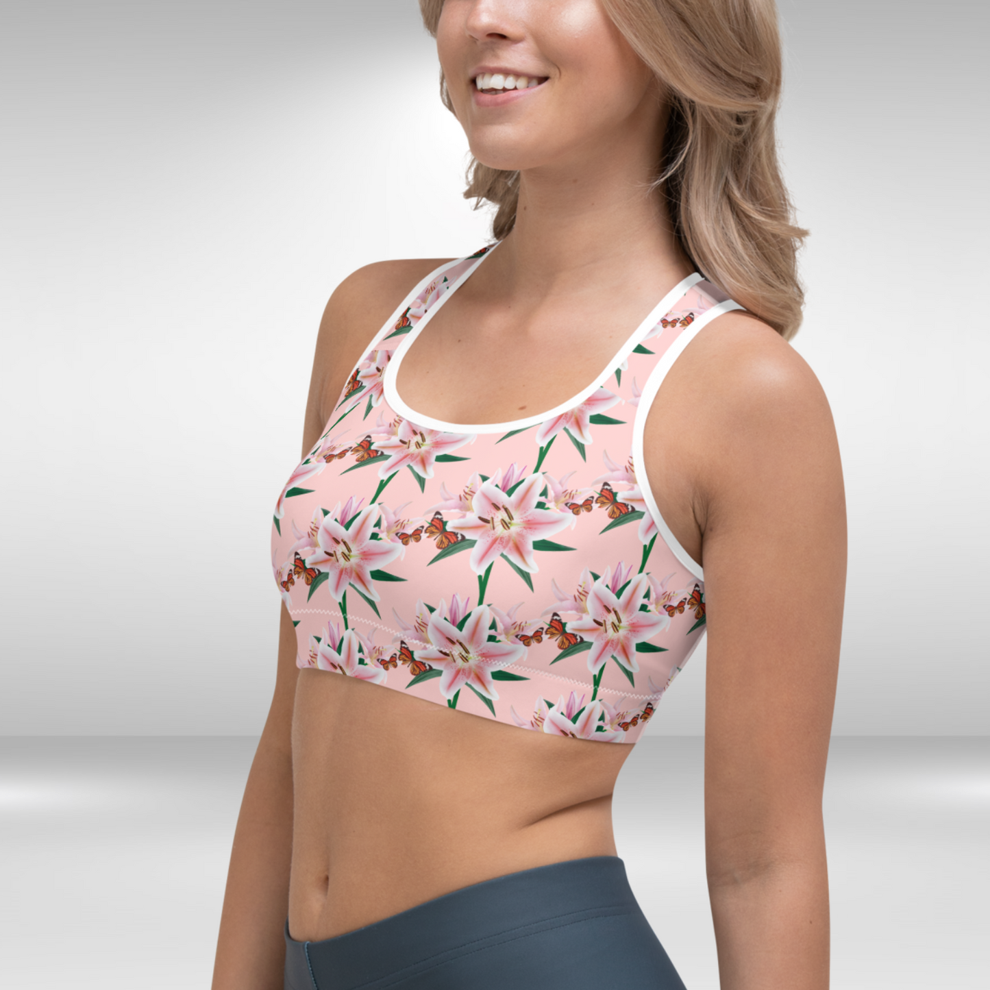 Women Sports Bra - Pink Lily Print