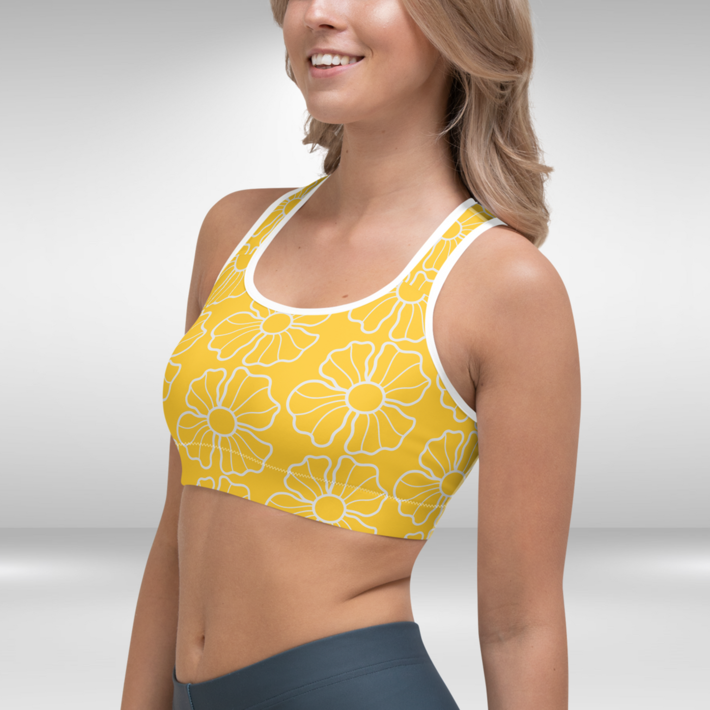 Women Sports Bra - Sunburst Yellow Floral Print