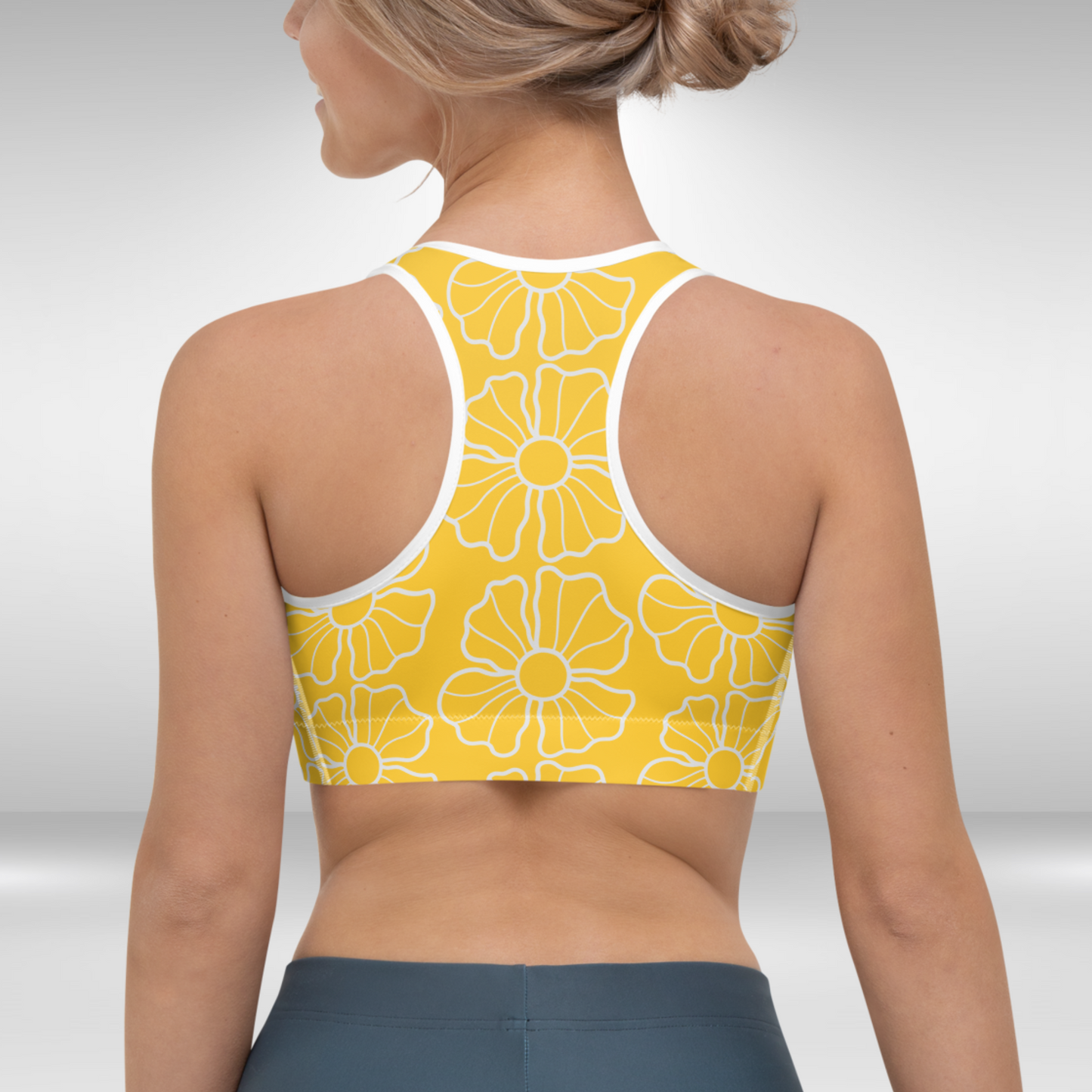 Women Sports Bra - Sunburst Yellow Floral Print