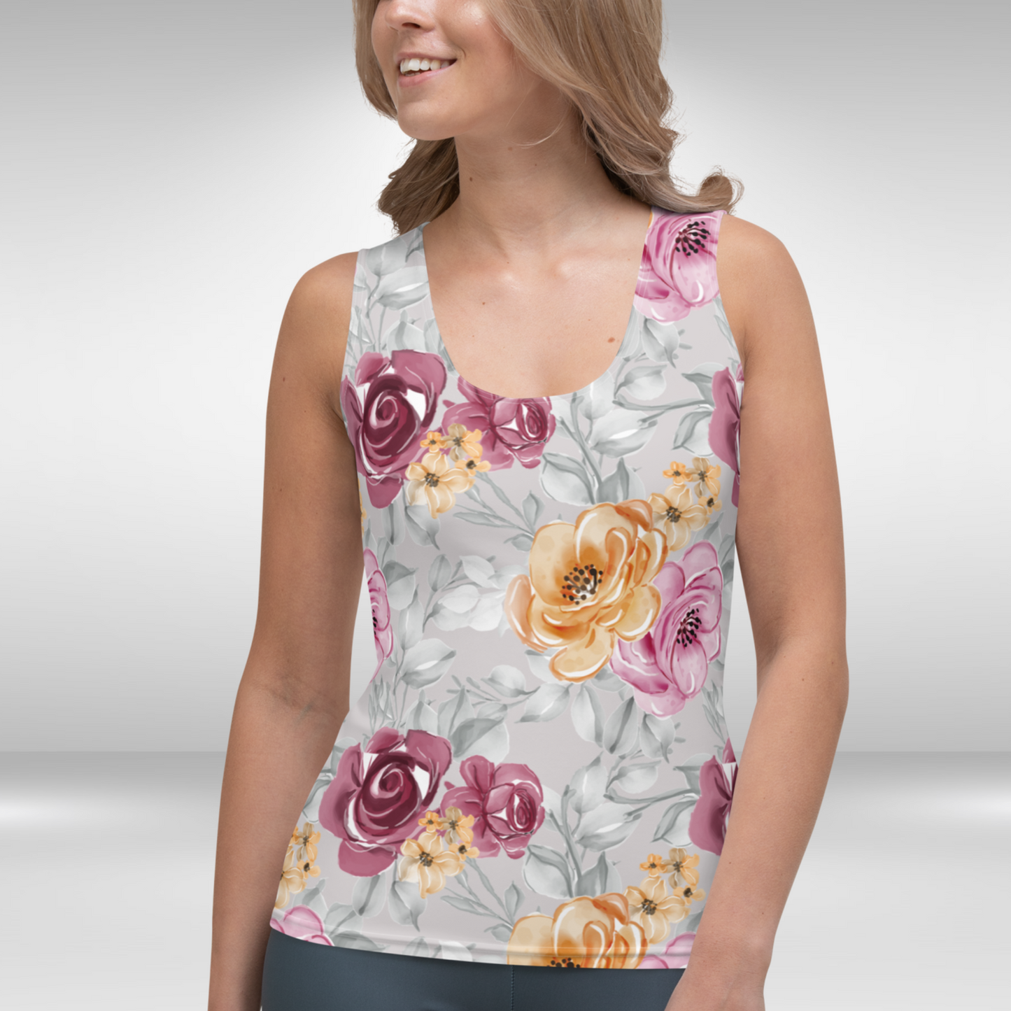 Women Tank Top - Grey Flower Blossom Print