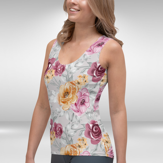 Women Tank Top - Grey Flower Blossom Print