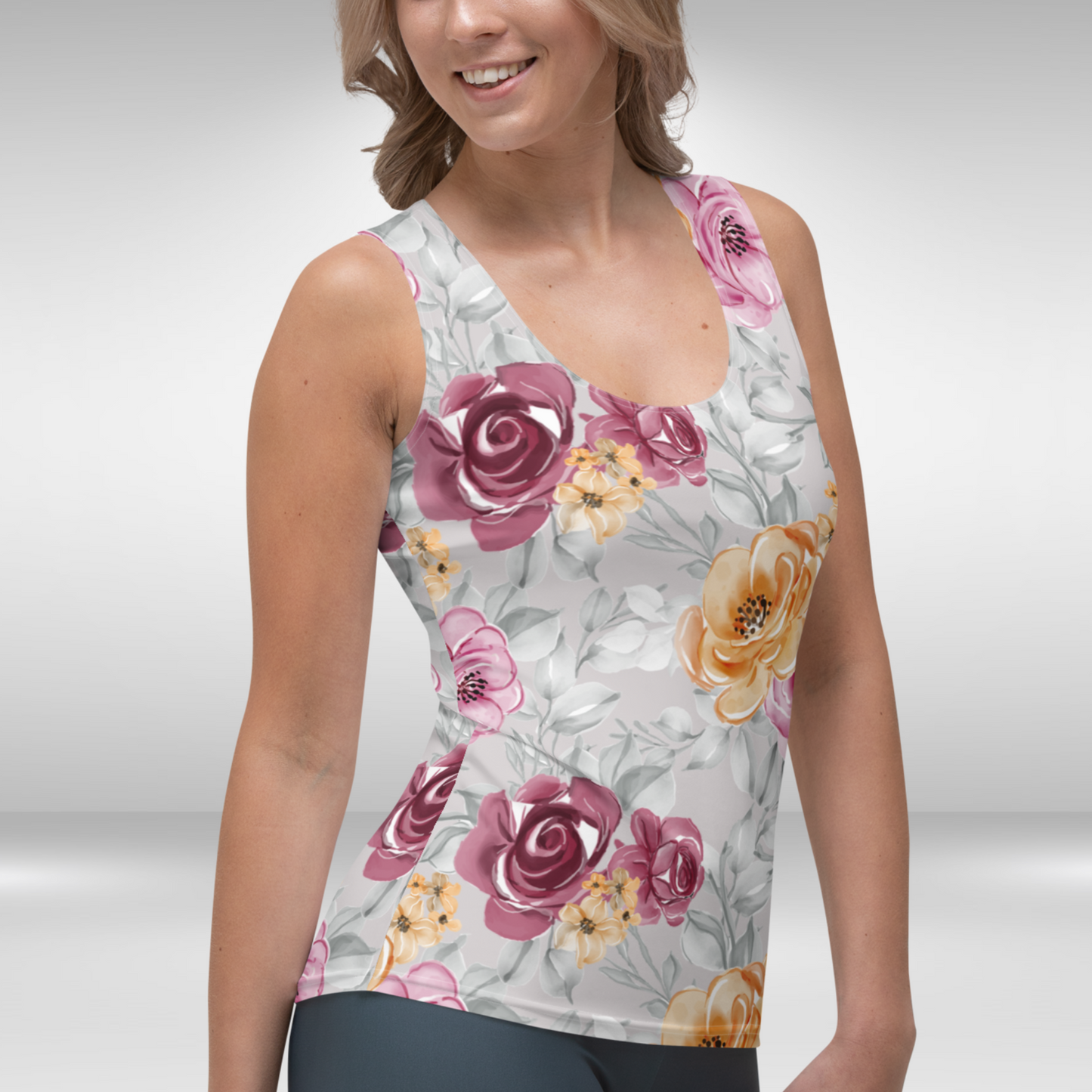 Women Tank Top - Grey Flower Blossom Print