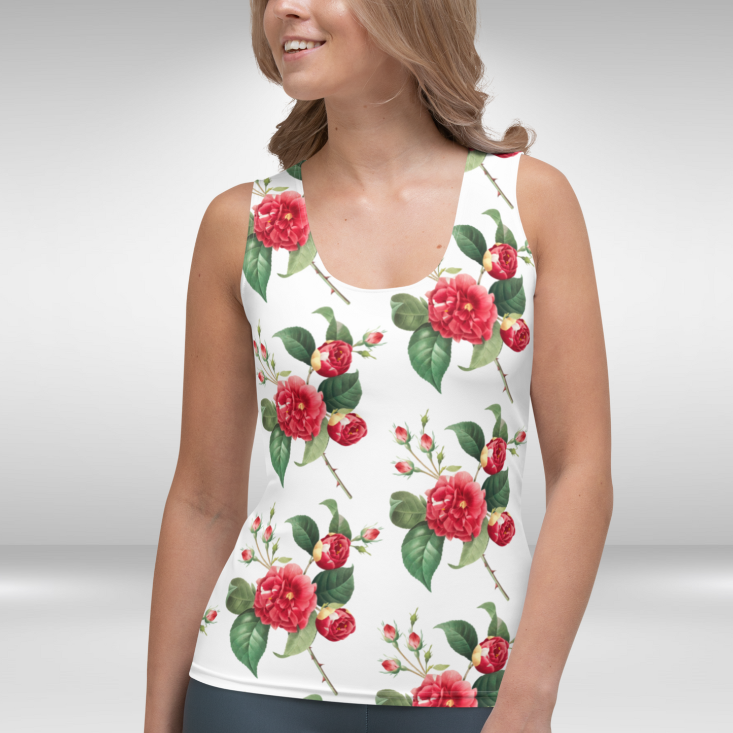 Women Tank Top - White Red Rose Print