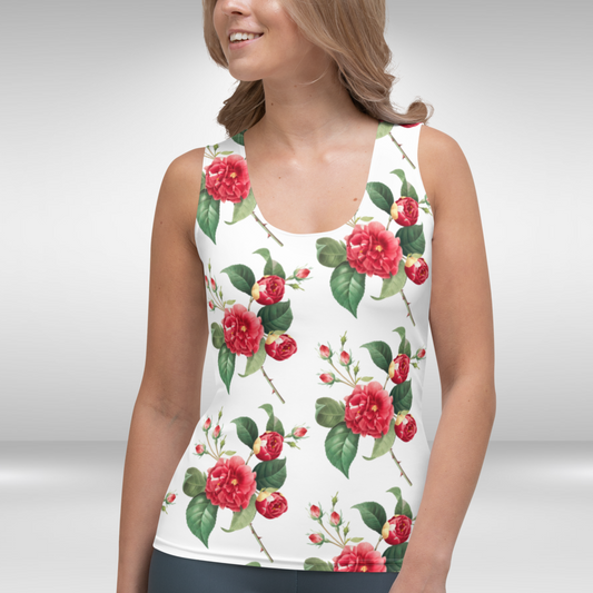 Women Tank Top - White Red Rose Print