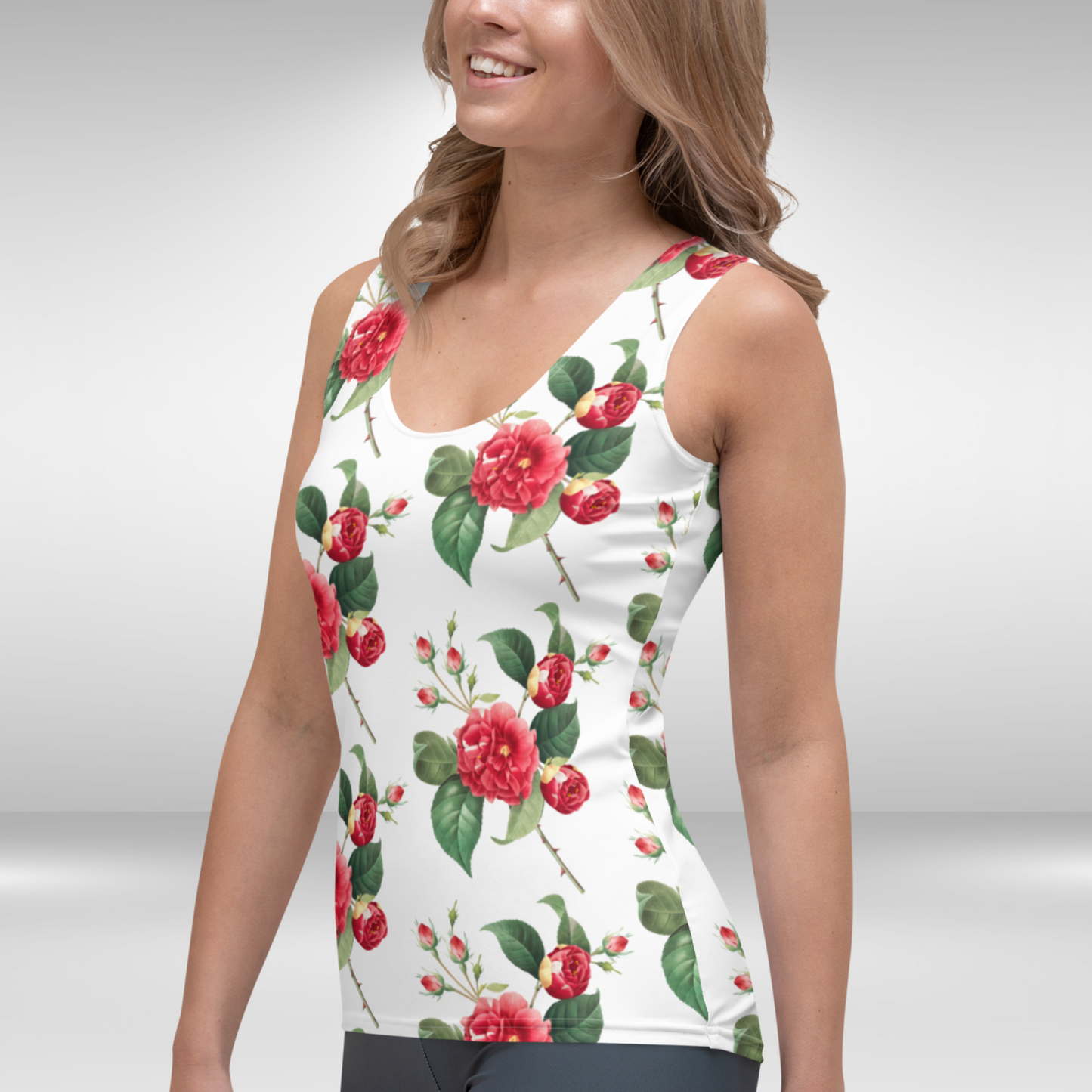 Women Tank Top - White Red Rose Print