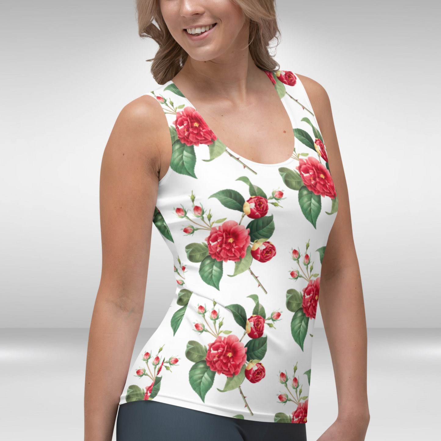 Women Tank Top - White Red Rose Print