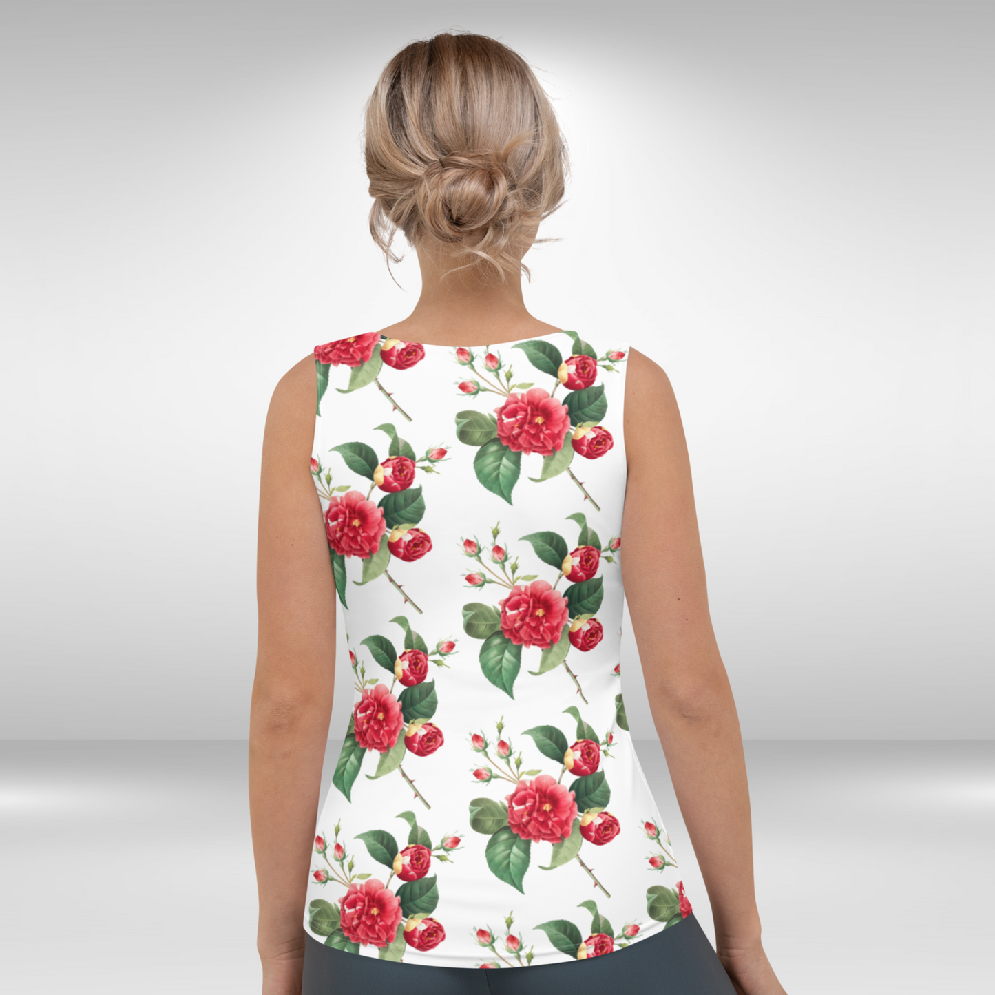 Women Tank Top - White Red Rose Print