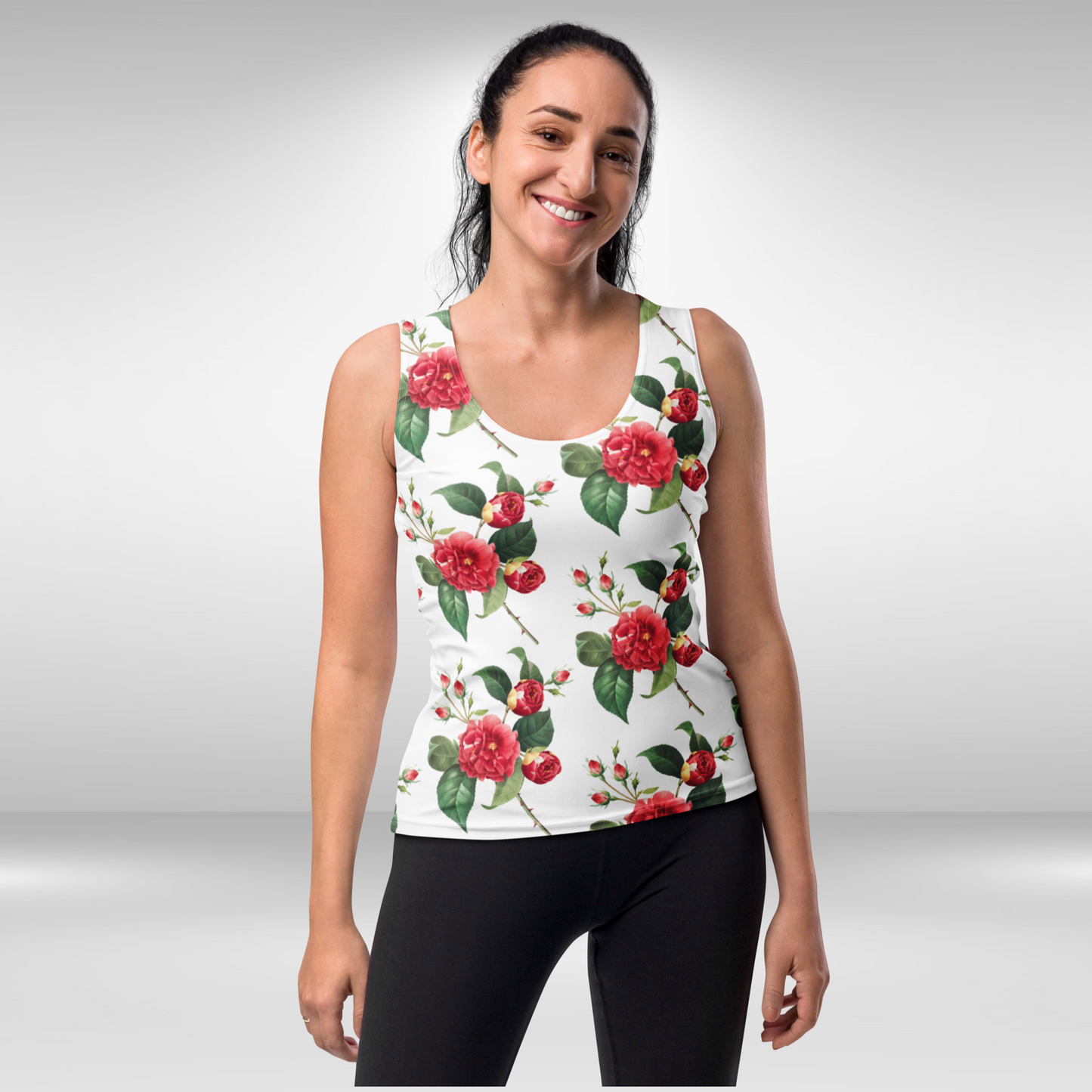 Women Tank Top - White Red Rose Print