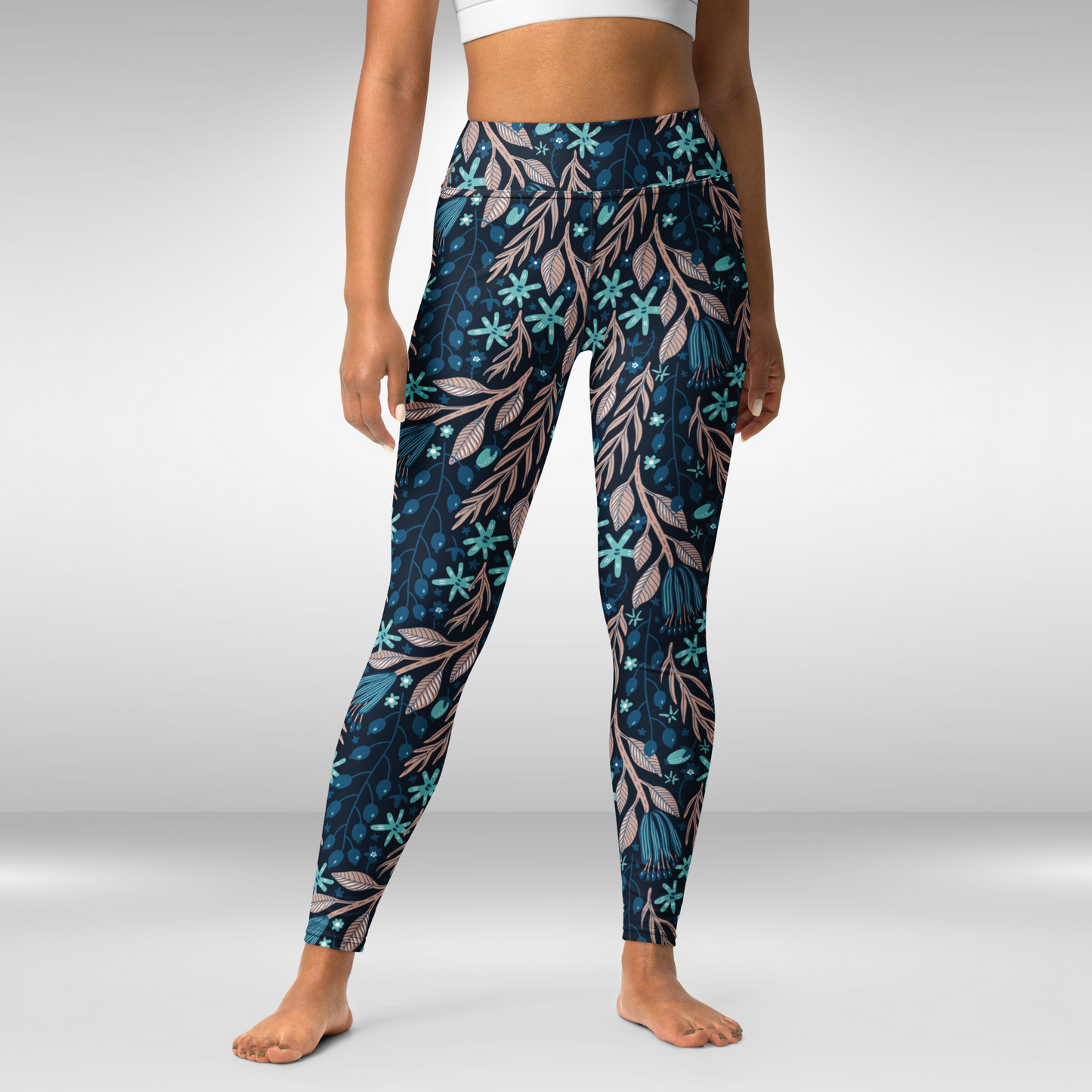 Women Yoga Leggings - Blue Night Tropical Print