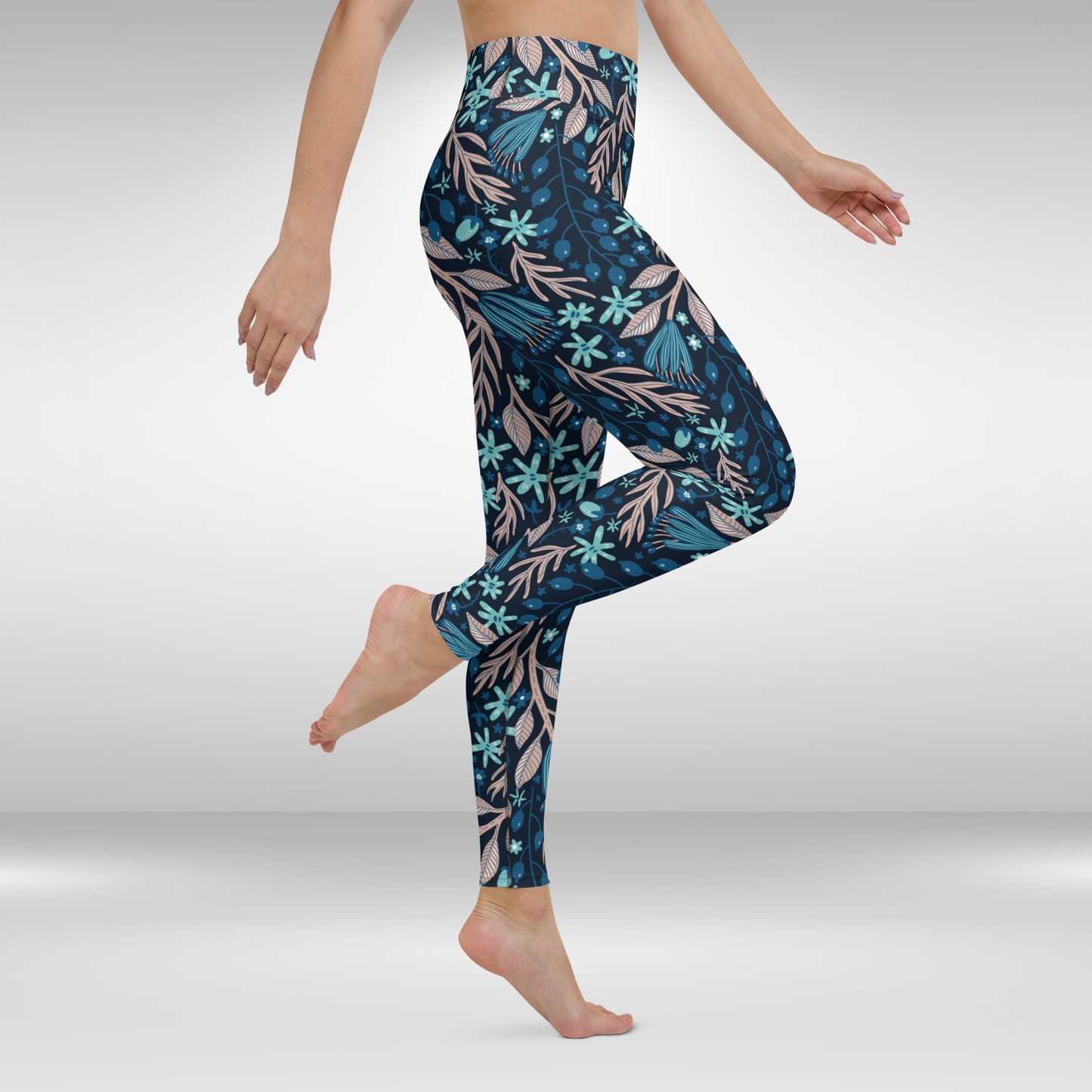 Women Yoga Leggings - Blue Night Tropical Print