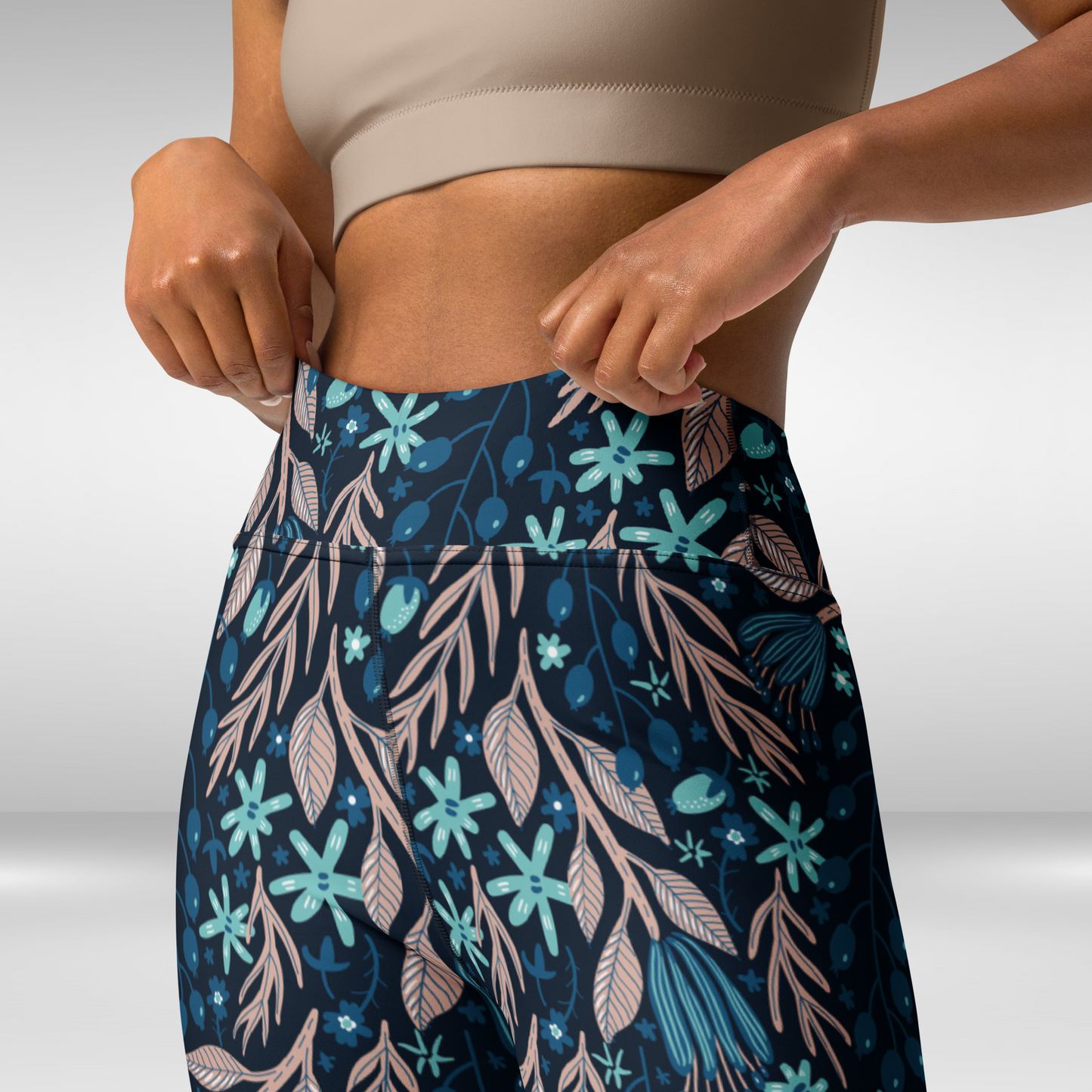 Women Yoga Leggings - Blue Night Tropical Print