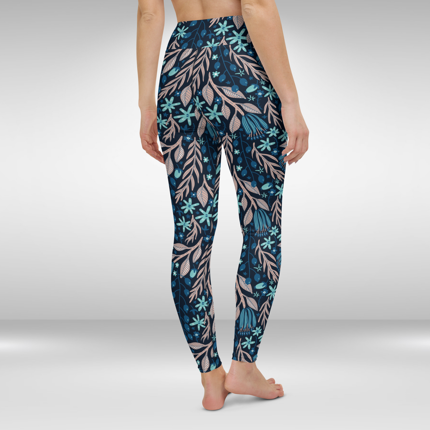 Women Yoga Leggings - Blue Night Tropical Print