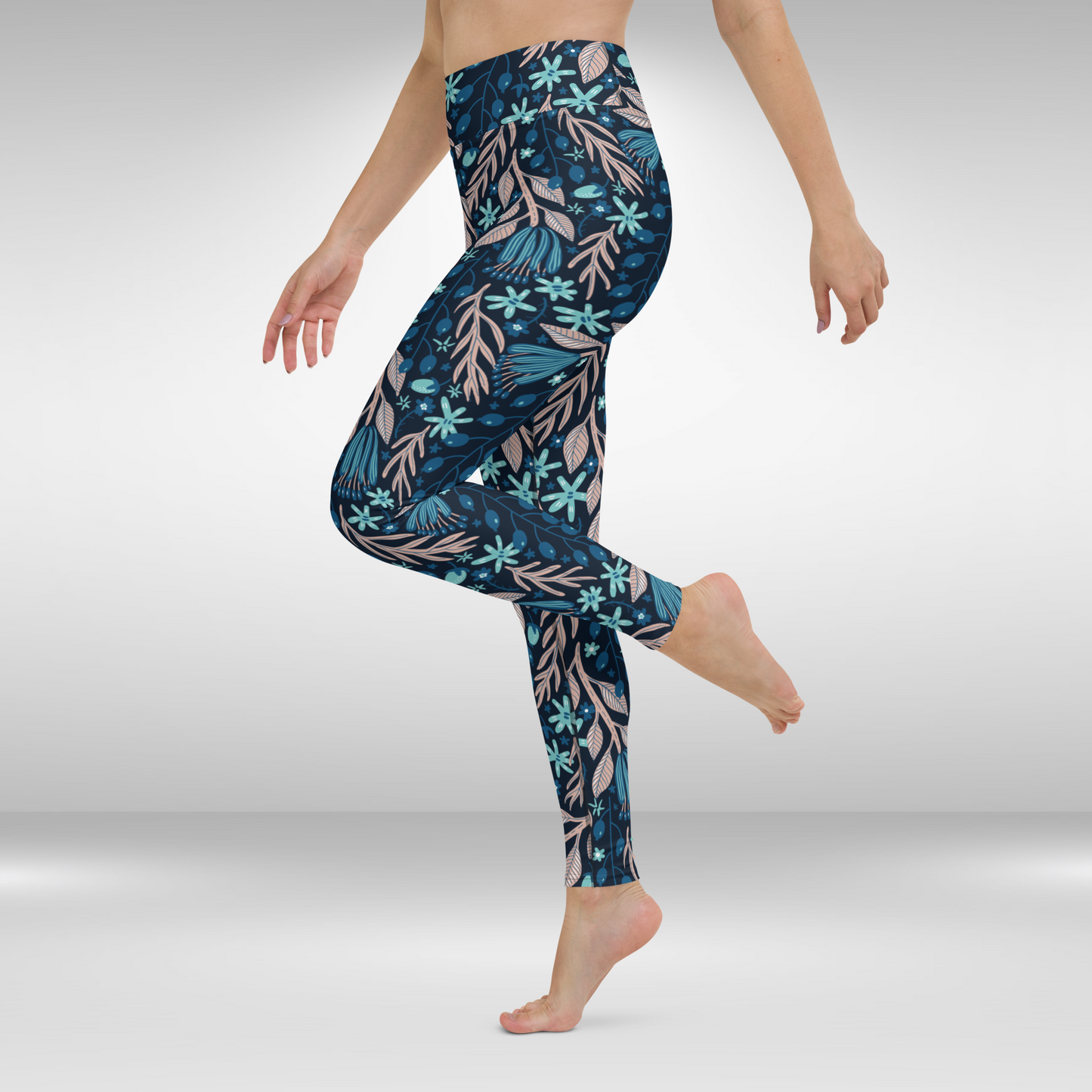 Women Yoga Leggings - Blue Night Tropical Print
