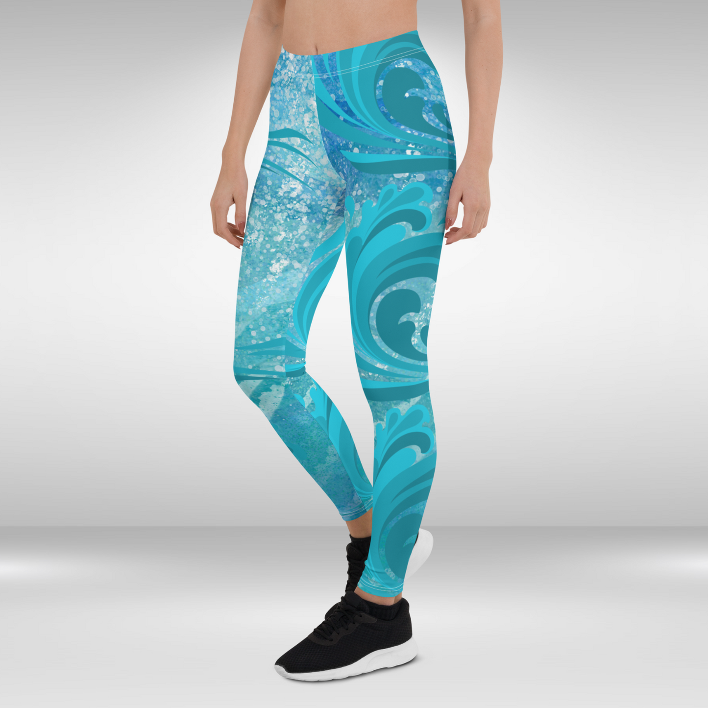 Women Gym Legging - Blue Ocean Wave Print