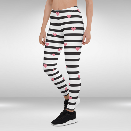 Women Gym Legging - Pink Heart and Black Stripe Print