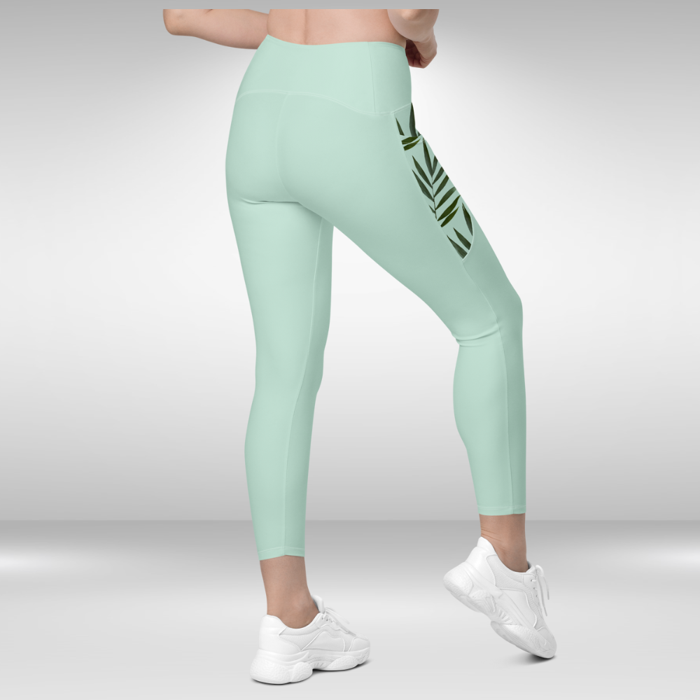 Women Legging With Pockets - Light Green Palm Print