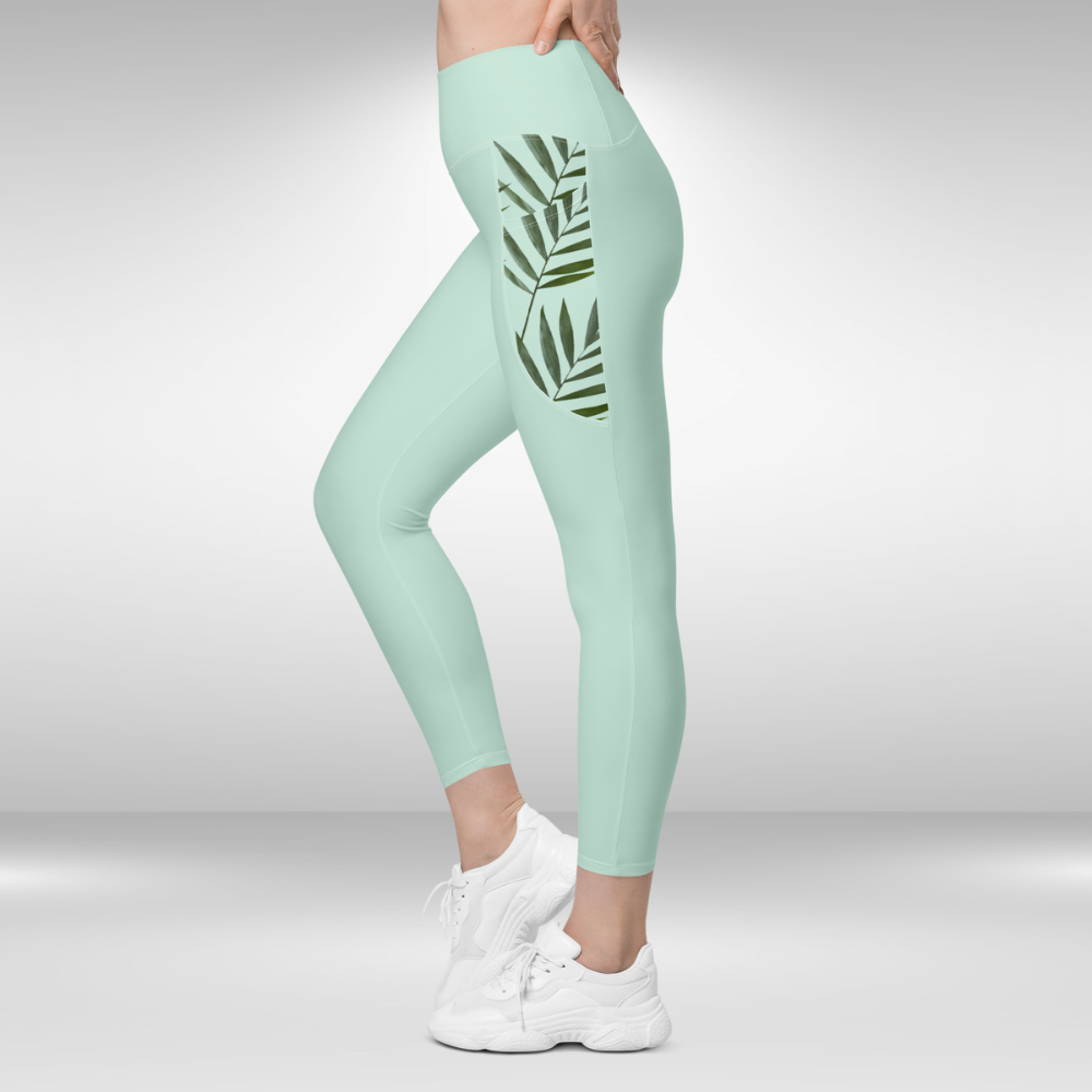 Women Legging With Pockets - Light Green Palm Print