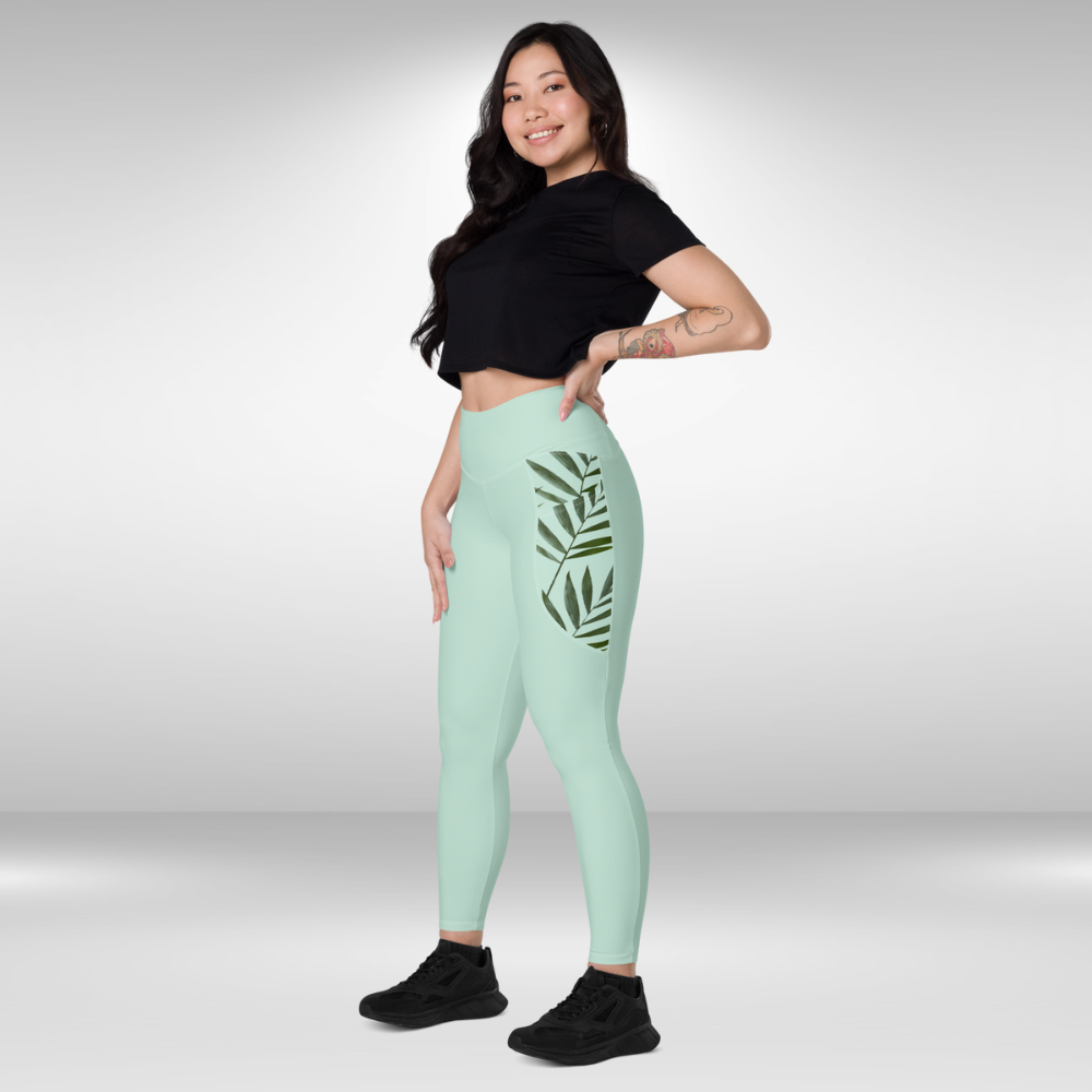 Women Legging With Pockets - Light Green Palm Print