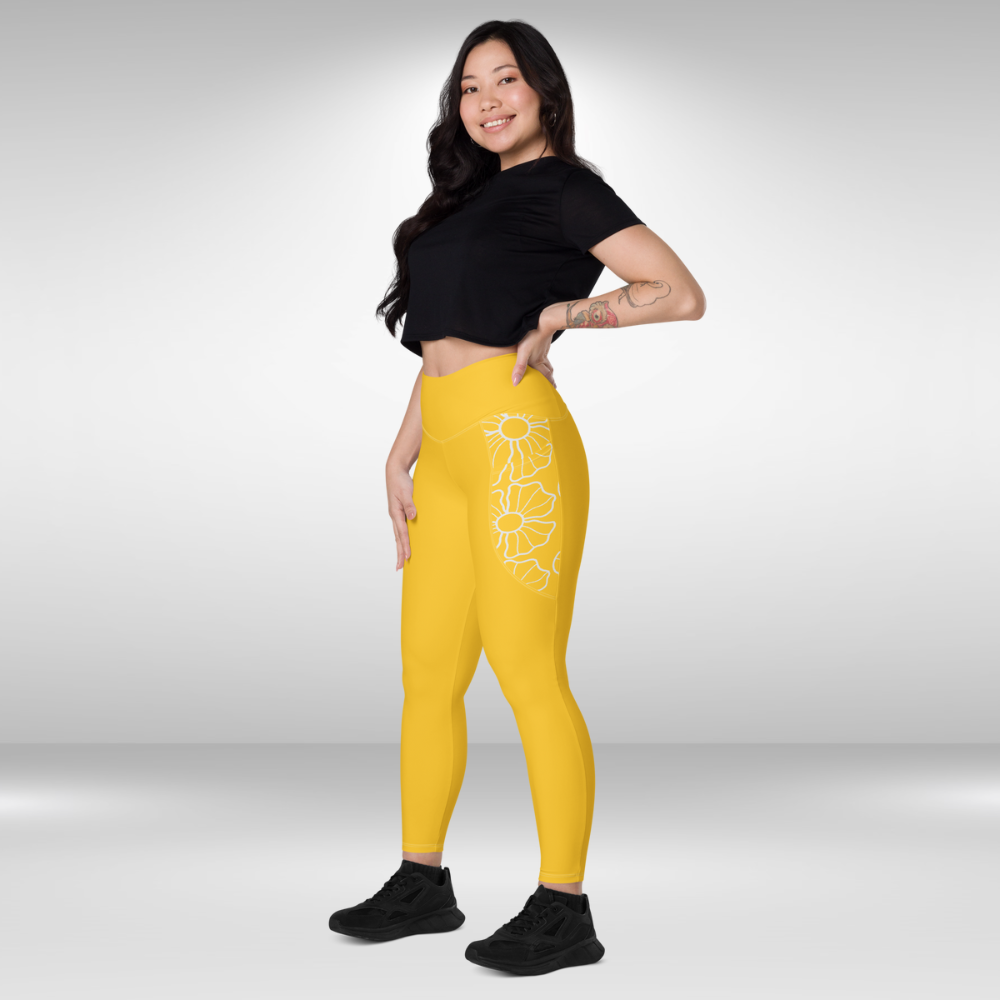Women Legging With Pockets - Sunburst Yellow Floral Print