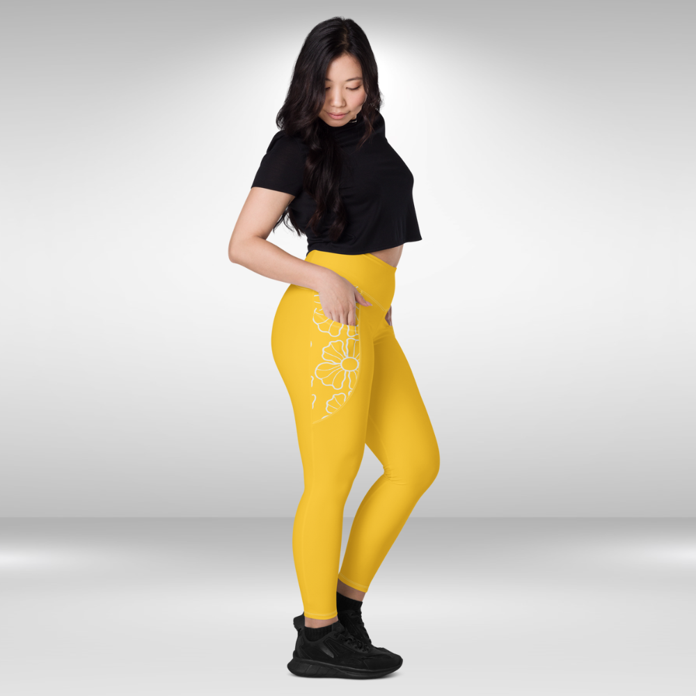 Women Legging With Pockets - Sunburst Yellow Floral Print