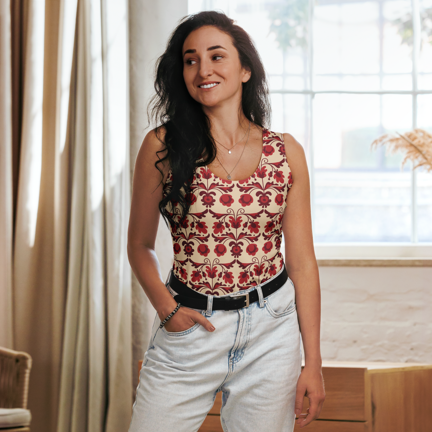 Women Tank Top - Red Floral Print