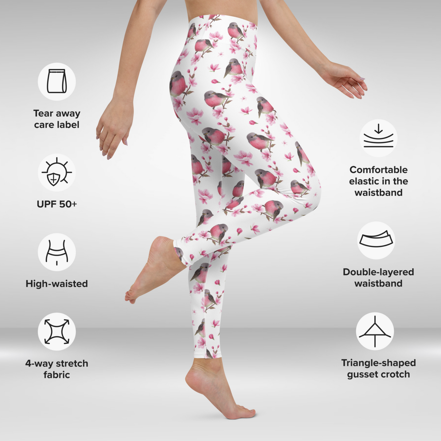 Women Yoga Legging - White and Pink Bird Print