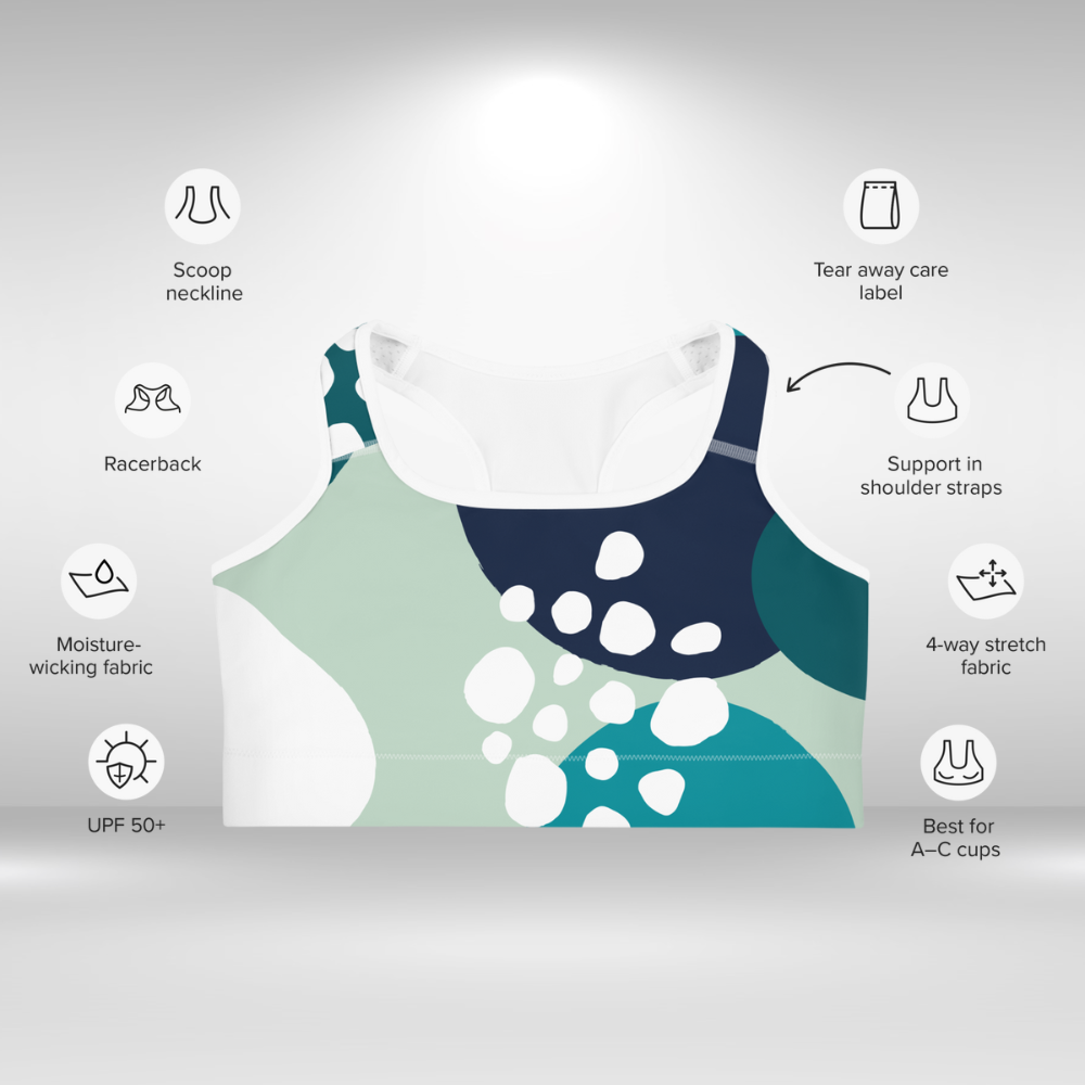 Women Sports Bra - Blue and White Dots Abstract Print