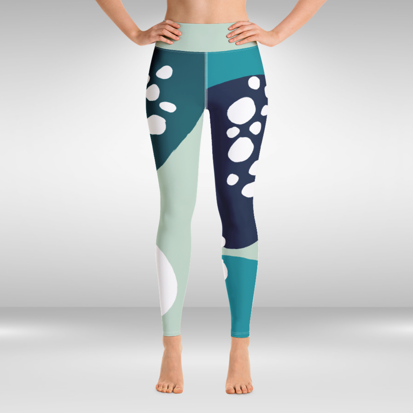 Women Yoga Legging - Blue and White Spots Abstract Print