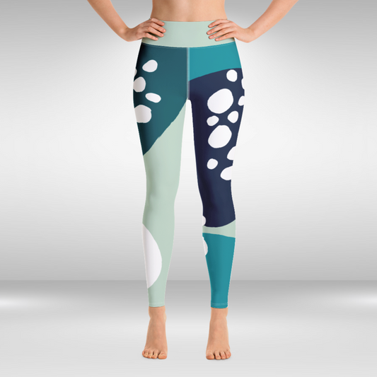 Women Yoga Legging - Blue and White Spots Abstract Print