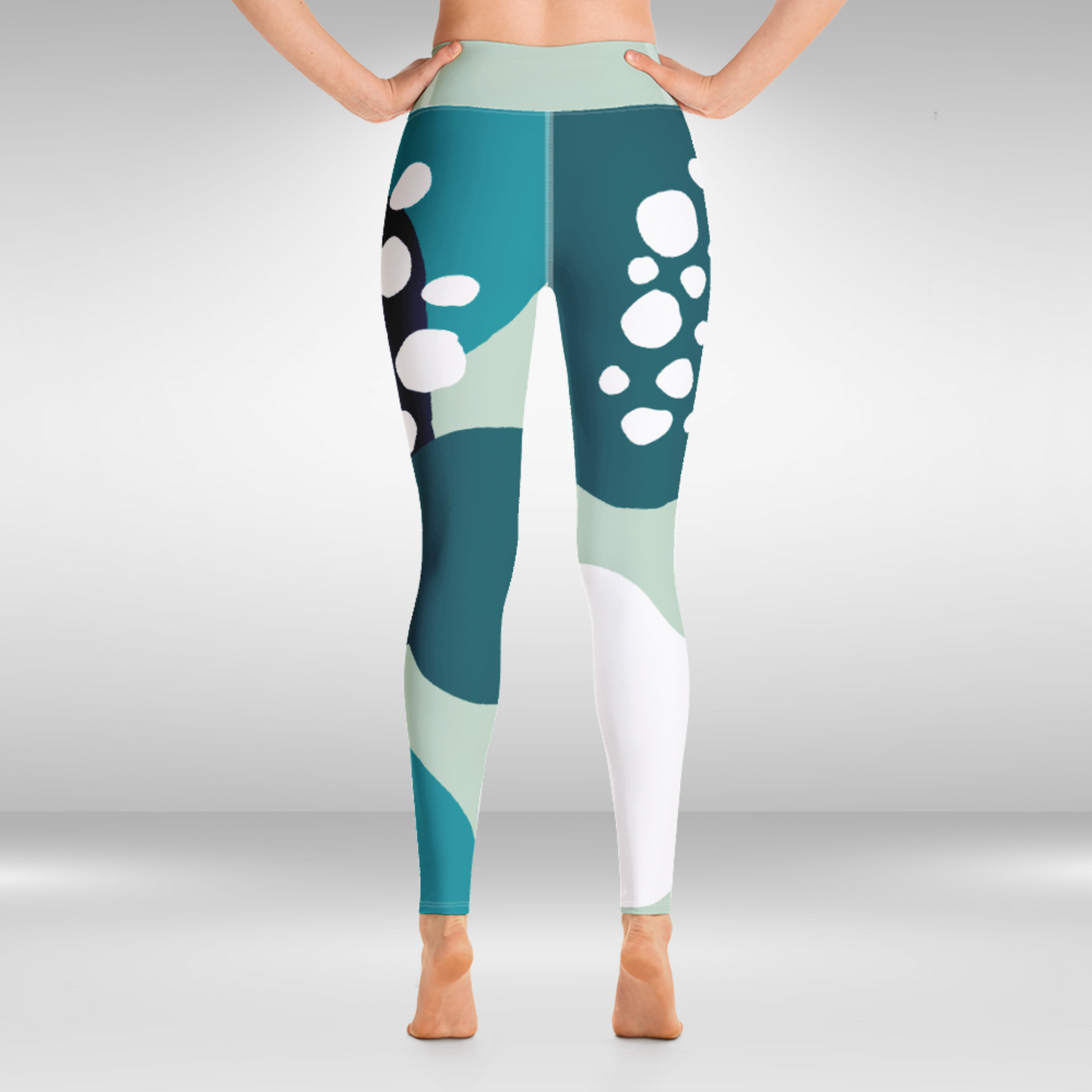 Women Yoga Legging - Blue and White Spots Abstract Print